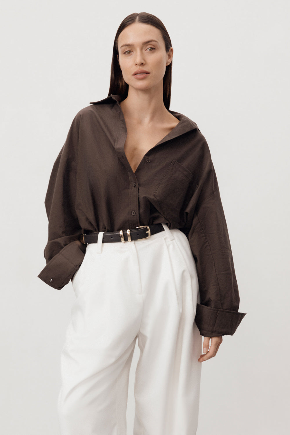 RHEA BITTER CHOC OVERSIZED COTTON SHIRT