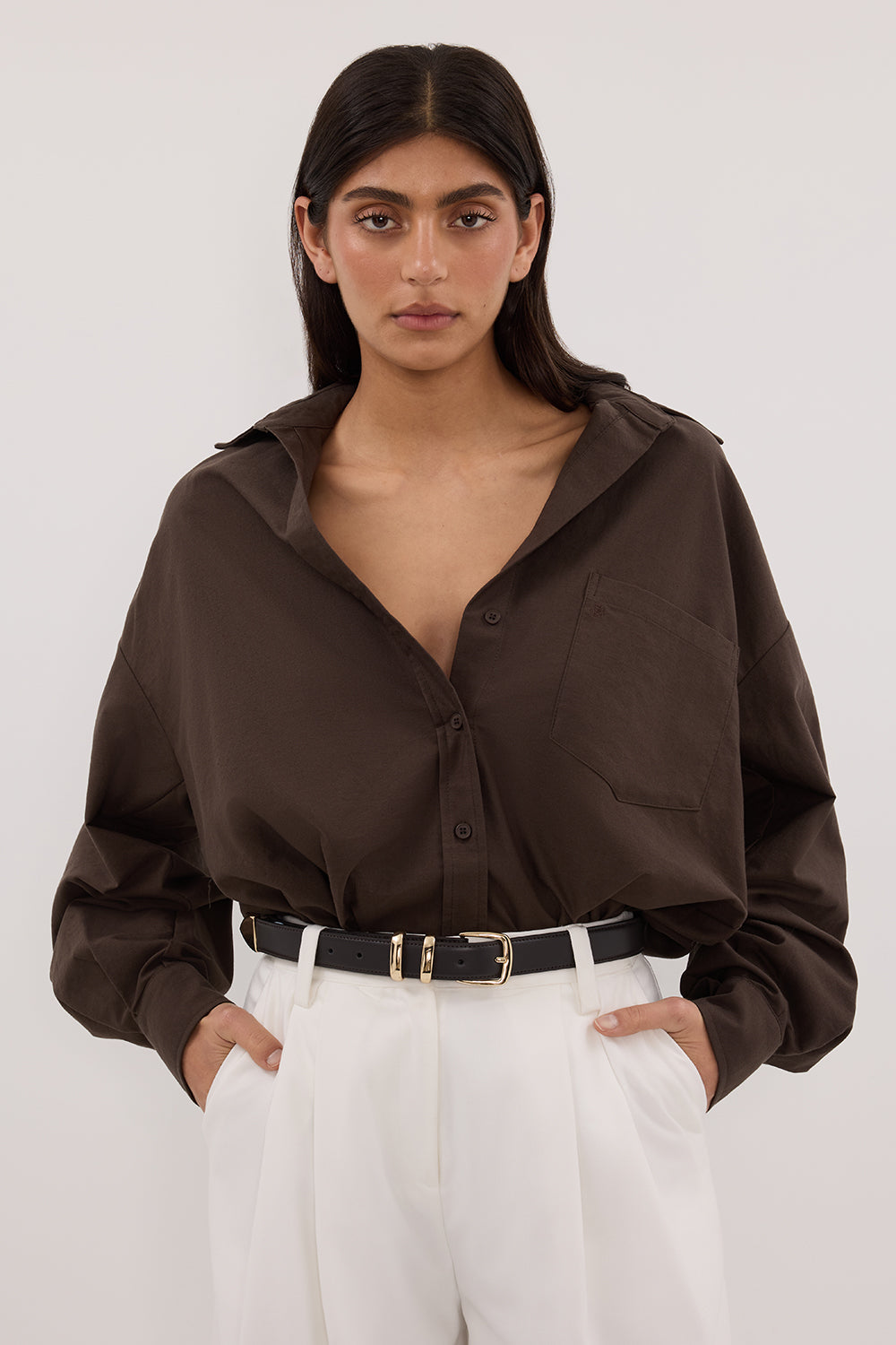 RHEA BITTER CHOC OVERSIZED COTTON SHIRT