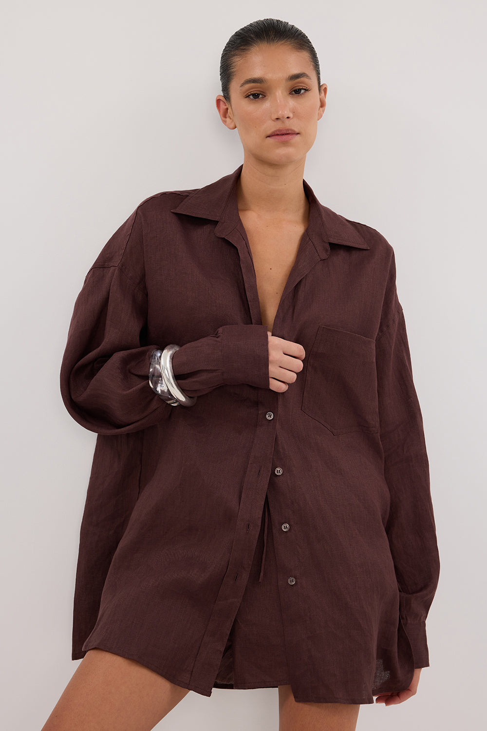LUNE WALNUT OVERSIZED LINEN SHIRT
