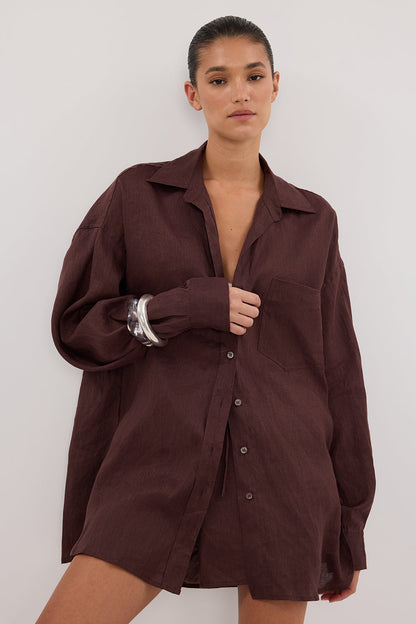 LUNE WALNUT OVERSIZED LINEN SHIRT
