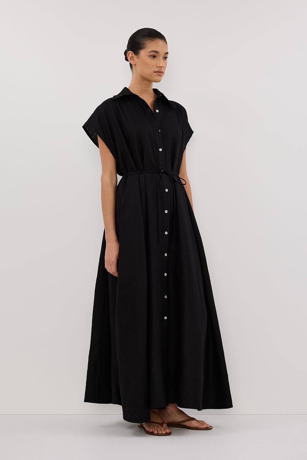 LANA BLACK LINEN MIDI SHIRT DRESS