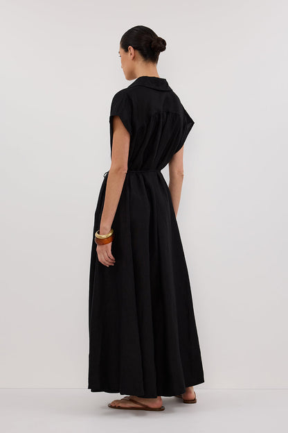 LANA BLACK LINEN MIDI SHIRT DRESS
