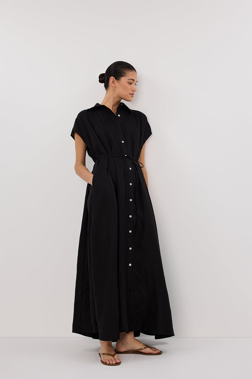 LANA BLACK LINEN MIDI SHIRT DRESS