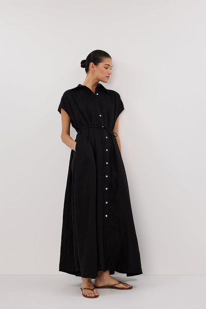 LANA BLACK LINEN MIDI SHIRT DRESS