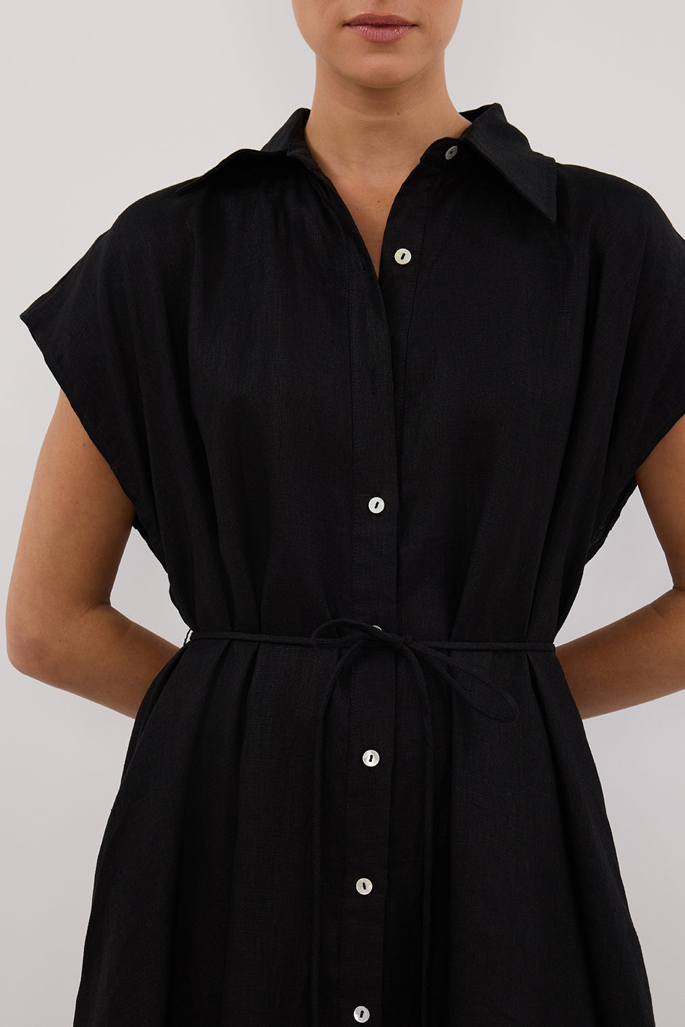 LANA BLACK LINEN MIDI SHIRT DRESS