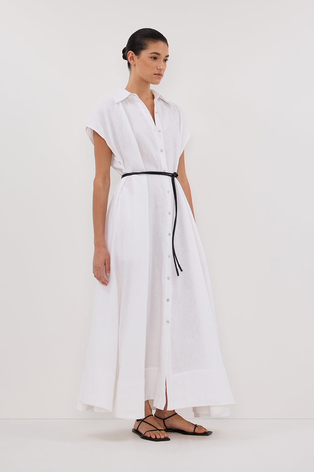 LANA WHITE LINEN MIDI SHIRT DRESS