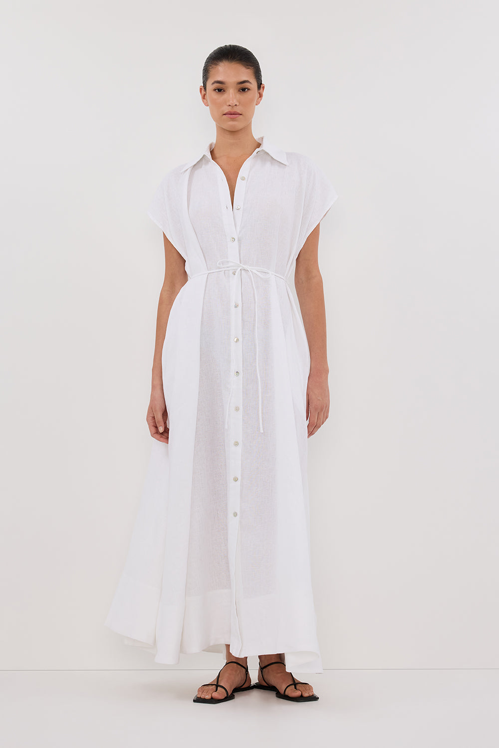 LANA WHITE LINEN MIDI SHIRT DRESS