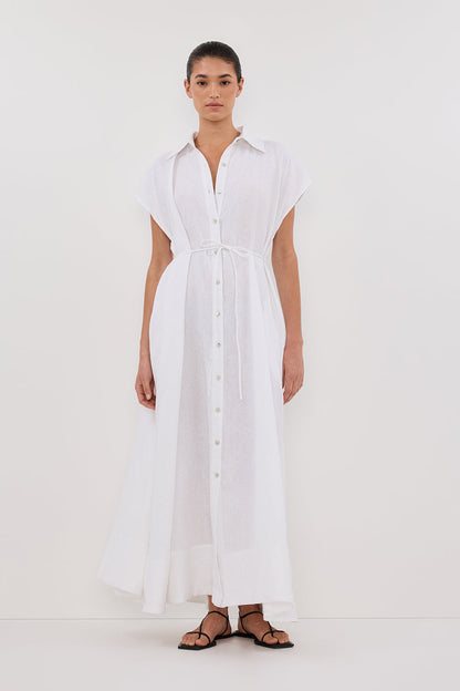 LANA WHITE LINEN MIDI SHIRT DRESS