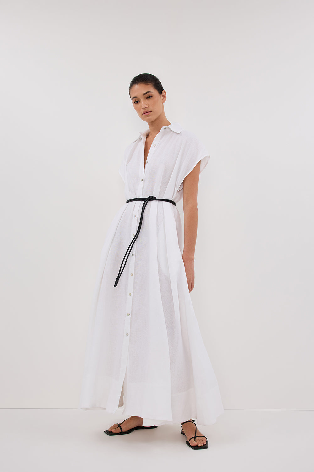 LANA WHITE LINEN MIDI SHIRT DRESS