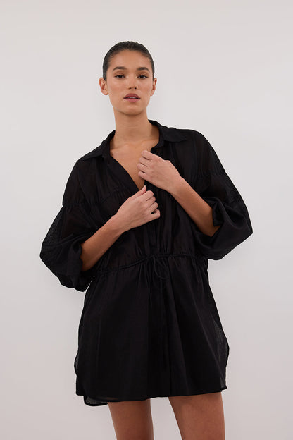 FLOYCE BLACK LINEN LONG SLEEVE TOP