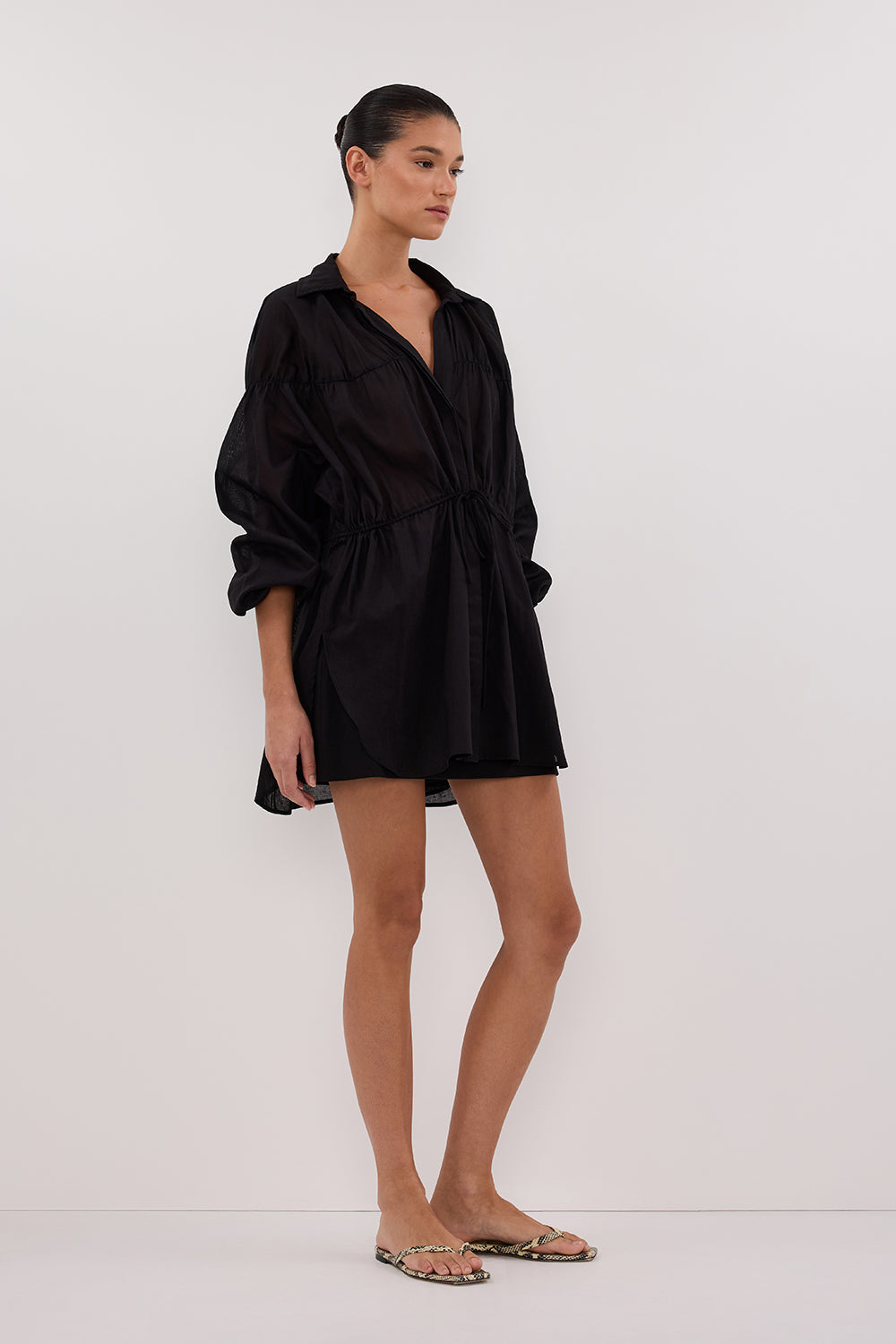 FLOYCE BLACK LINEN LONG SLEEVE TOP