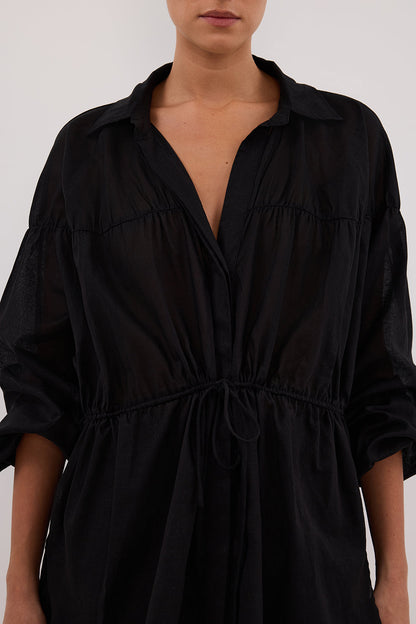 FLOYCE BLACK LINEN LONG SLEEVE TOP