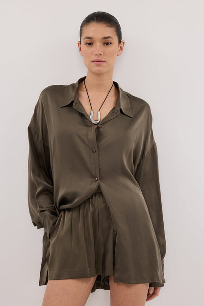 PERCY OLIVE SILK LONG SLEEVE SHIRT