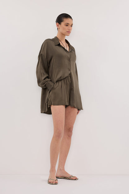 PERCY OLIVE SILK LONG SLEEVE SHIRT