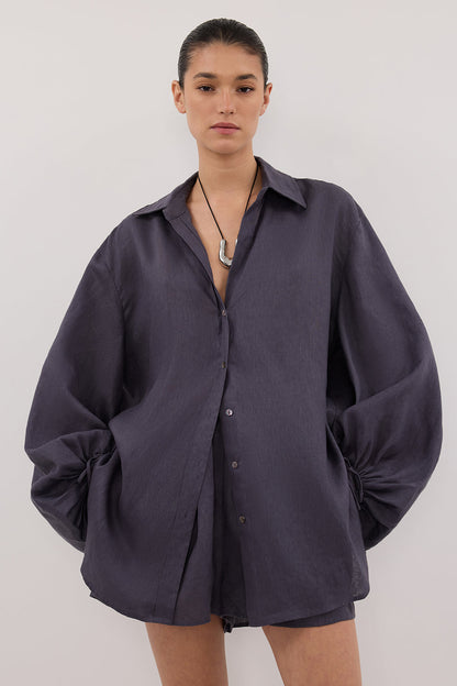CARLA WASHED INDIGO LONG SLEEVE LINEN SHIRT