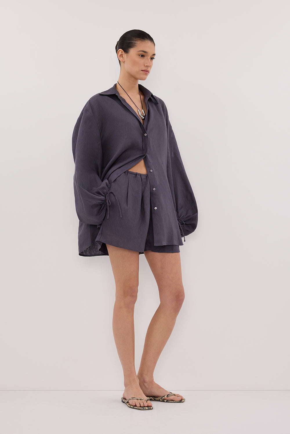 CARLA WASHED INDIGO LONG SLEEVE LINEN SHIRT