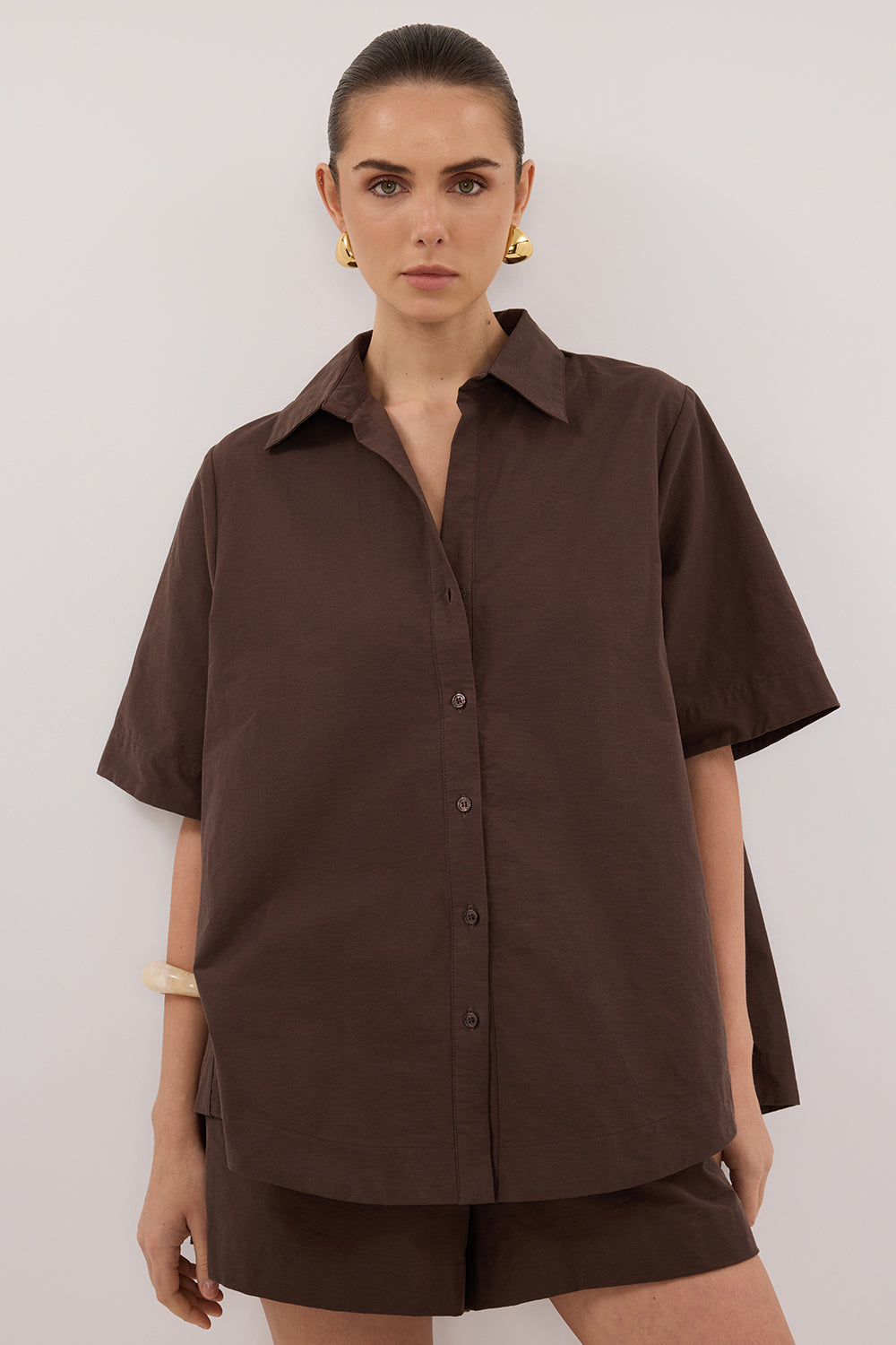 ELARA CHOCOLATE OVERSIZED SHORT SLEEVE SHIRT