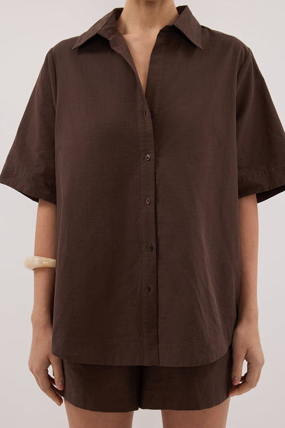 ELARA CHOCOLATE OVERSIZED SHORT SLEEVE SHIRT