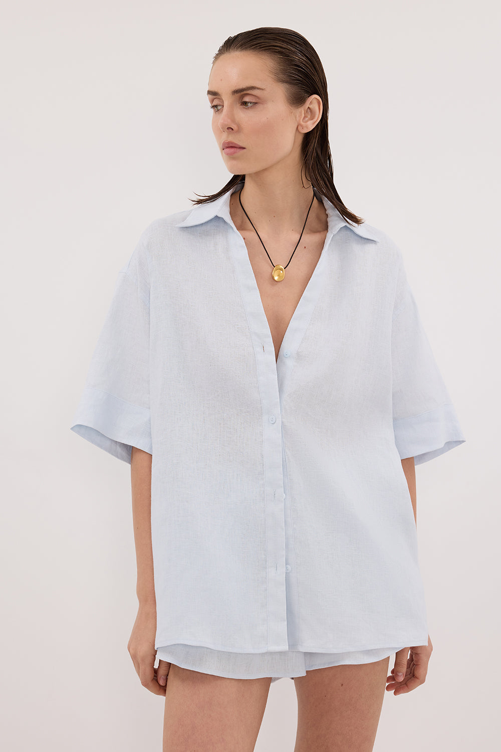HELENA CORNFLOWER SHORT SLEEVE LINEN SHIRT