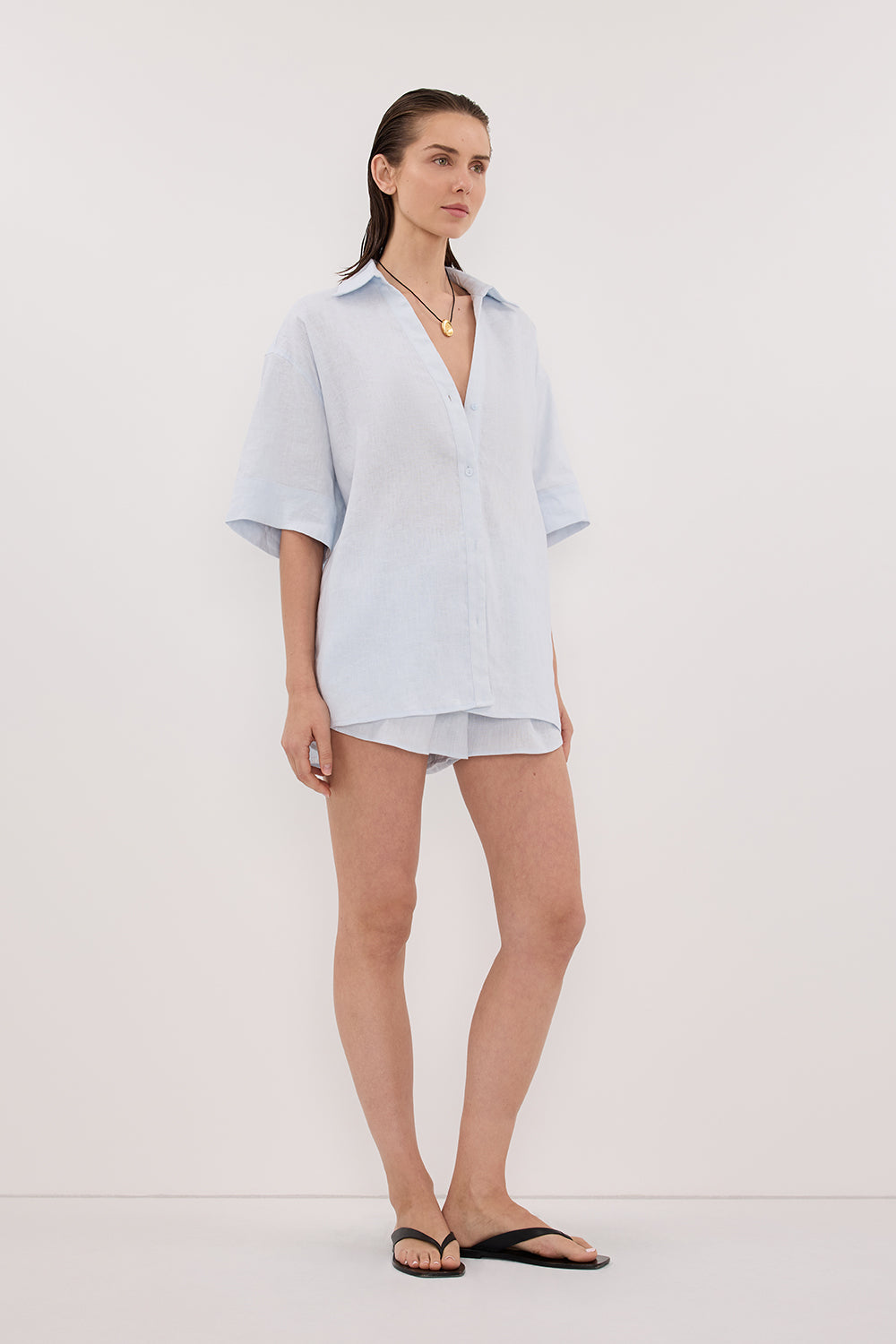 HELENA CORNFLOWER SHORT SLEEVE LINEN SHIRT