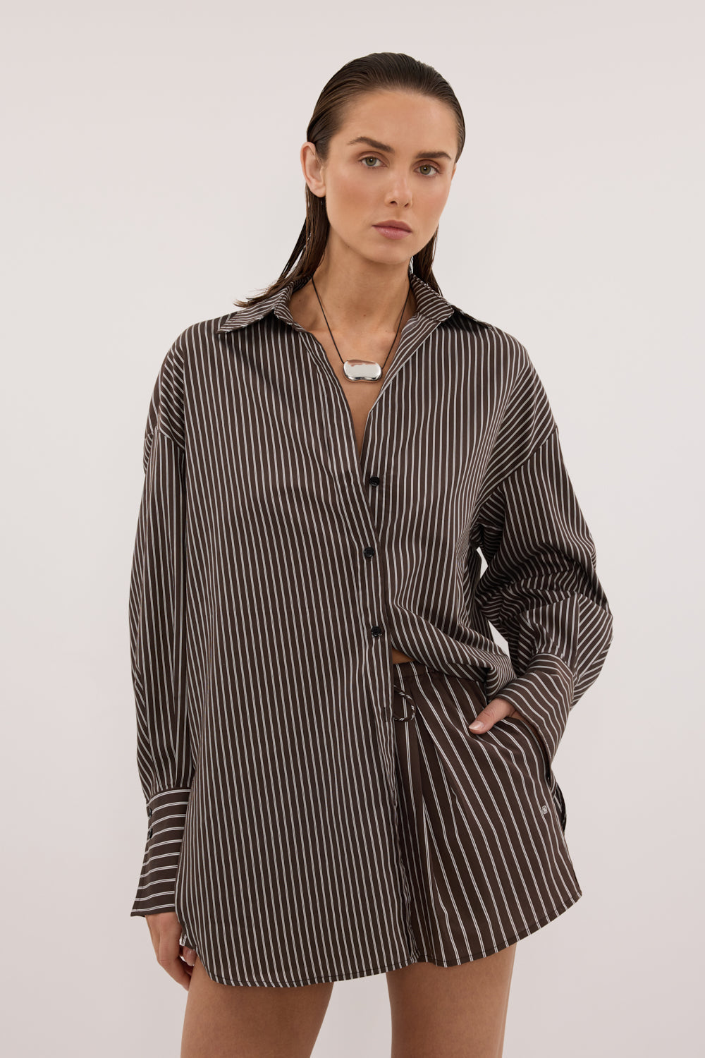 SABLE OVERSIZED BITTER CHOC SILK BLEND SHIRT
