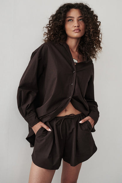 RHEA 2.0 BURNT CHOC OVERSIZED COTTON SHIRT