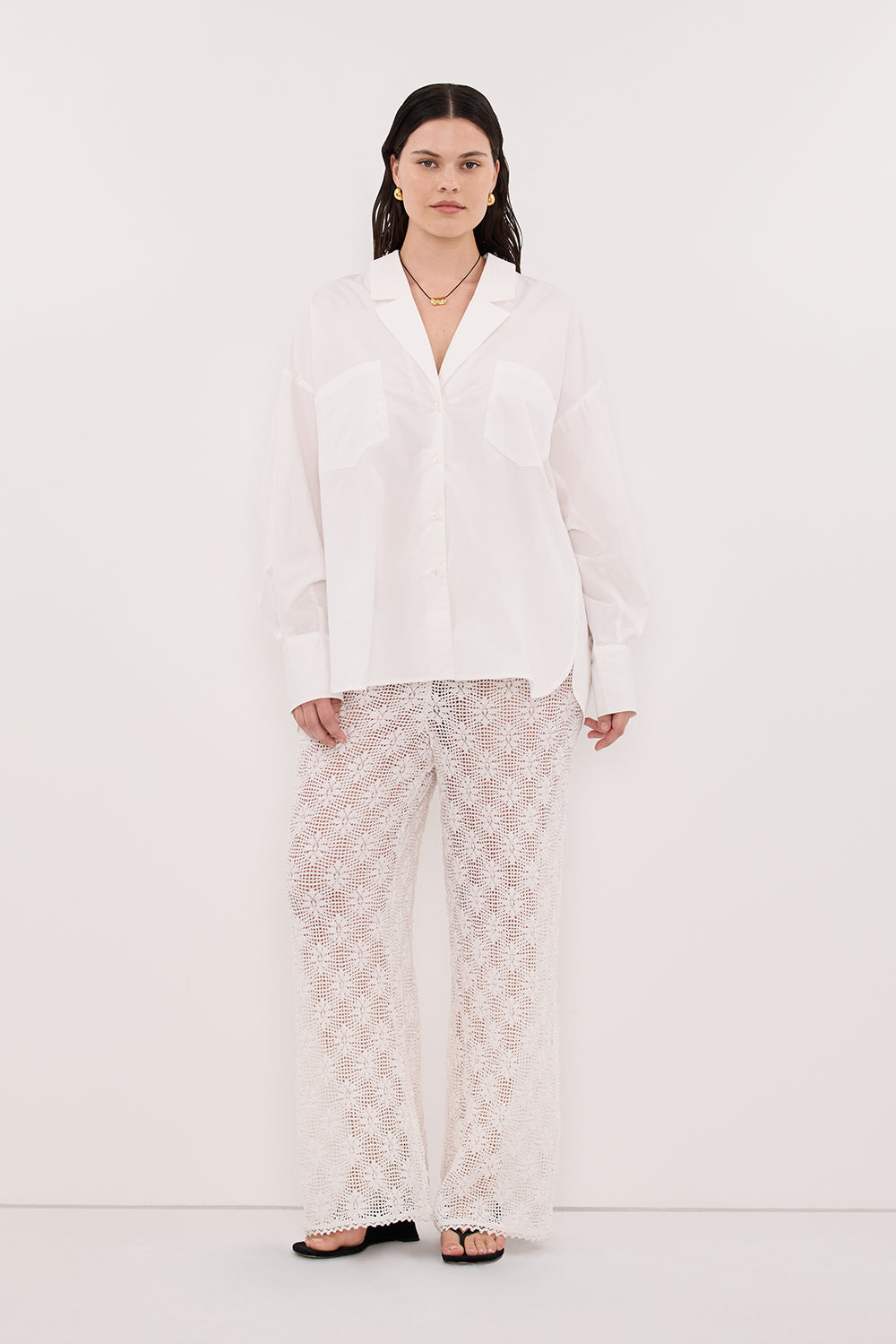 IRENE WHITE LONG SLEEVE NOTCH COLLAR SHIRT