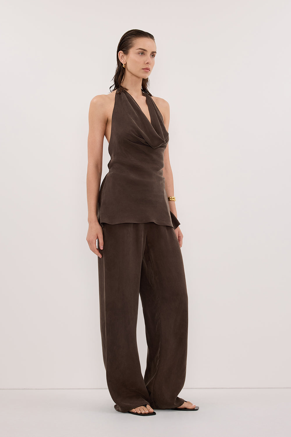 ADDIE BITTER CHOC CUPRO DRAWSTRING PANT
