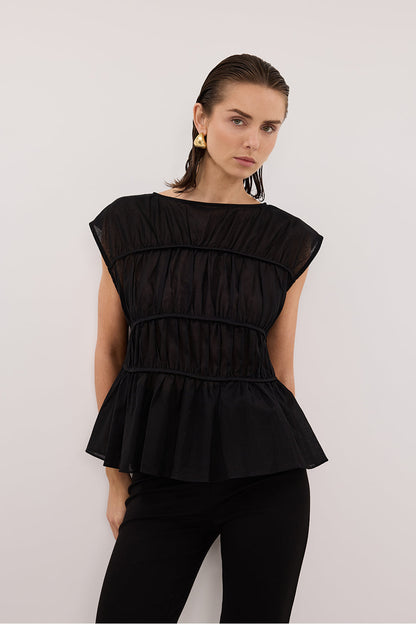 FLYNN BLACK LINEN TIERED TOP