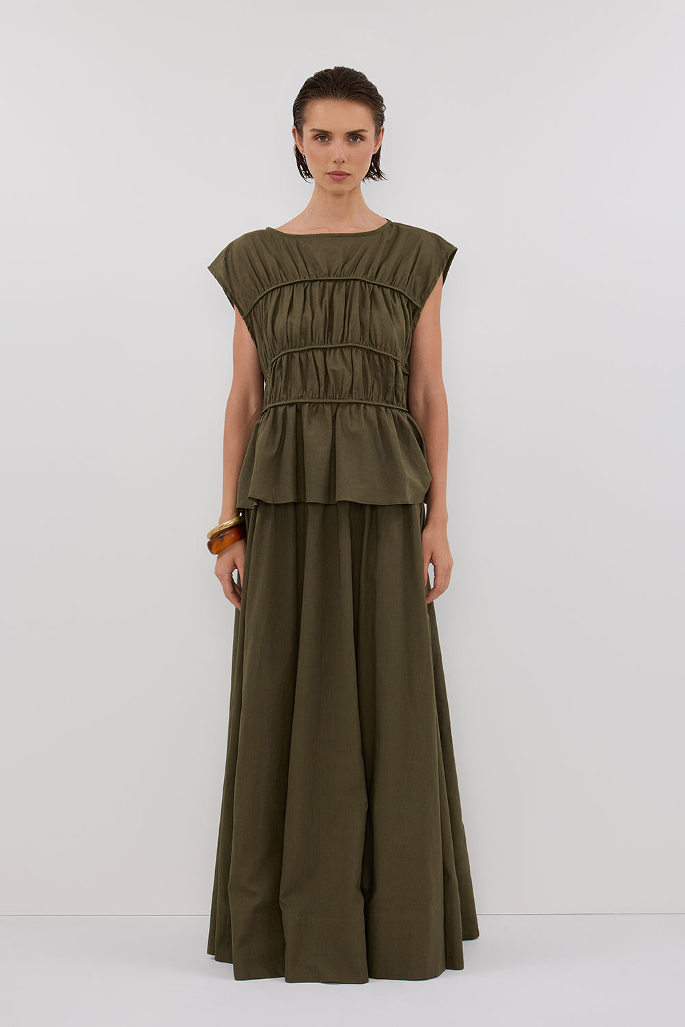 FLYNN OLIVE LINEN BLEND TIERED TOP