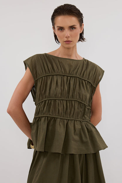 FLYNN OLIVE LINEN BLEND TIERED TOP