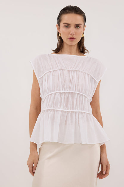 FLYNN WHITE LINEN BLEND TIERED TOP