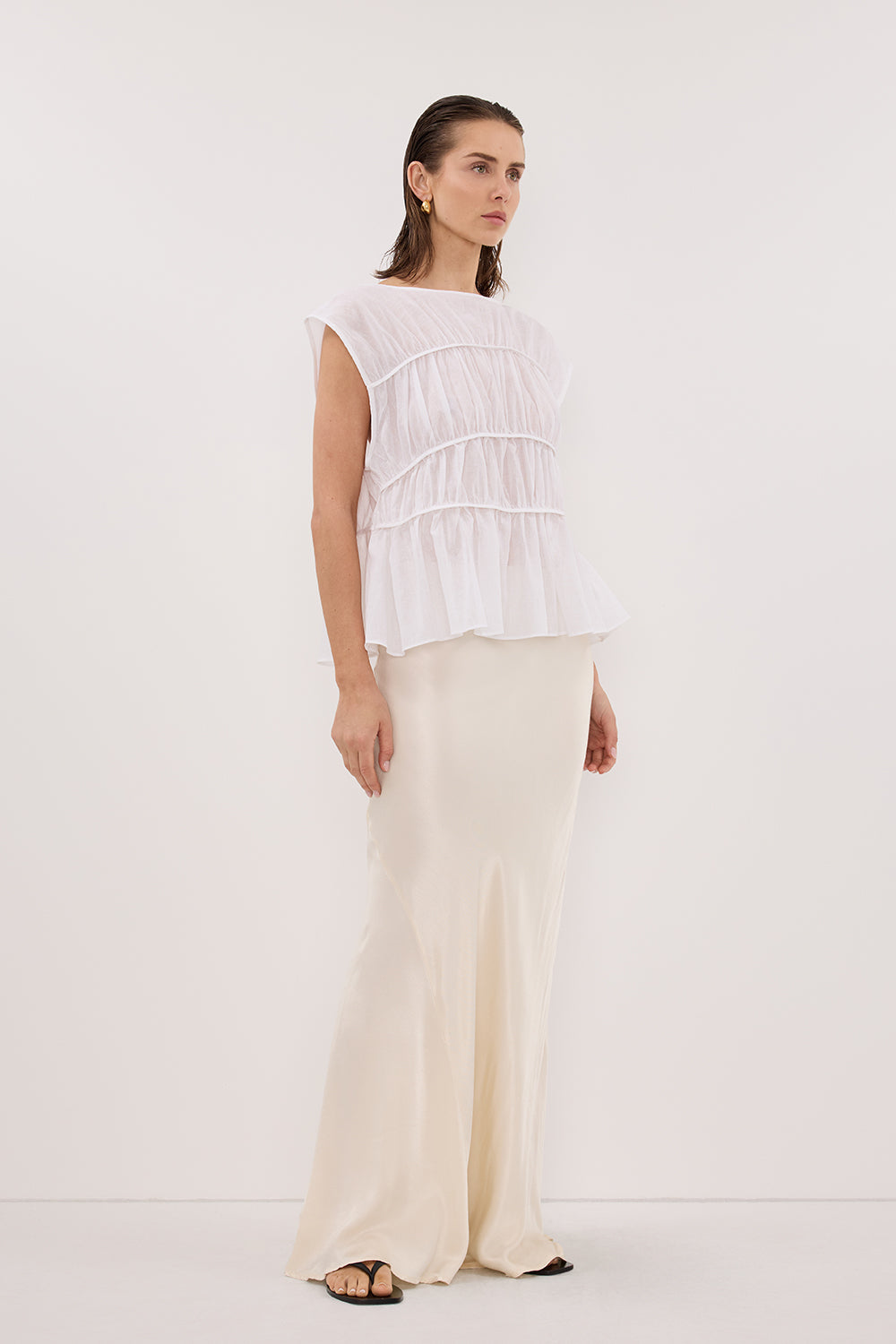 FLYNN WHITE LINEN BLEND TIERED TOP