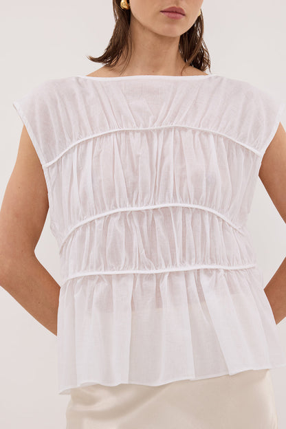 FLYNN WHITE LINEN BLEND TIERED TOP