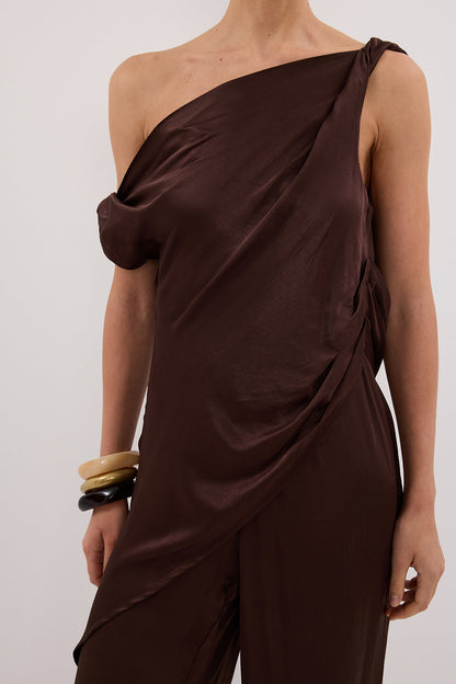 EVE BITTER CHOC ASYM SATIN TOP