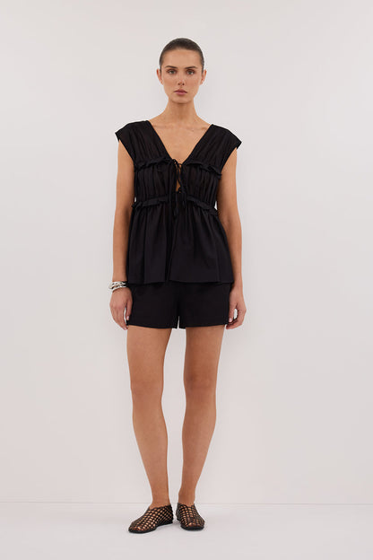 QUINN BLACK LINEN RUFFLE TOP