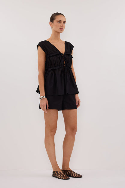 QUINN BLACK LINEN RUFFLE TOP