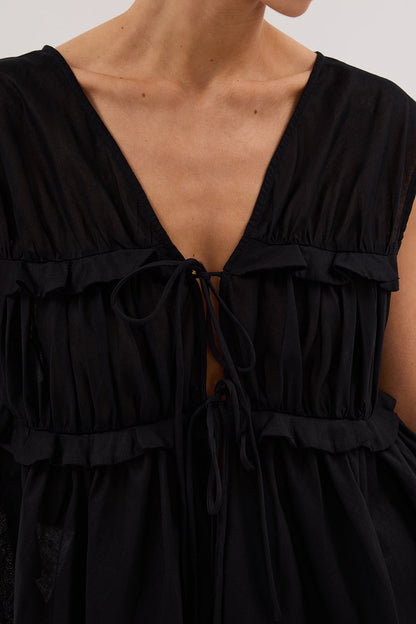 QUINN BLACK LINEN RUFFLE TOP
