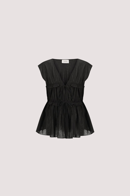 QUINN BLACK LINEN RUFFLE TOP
