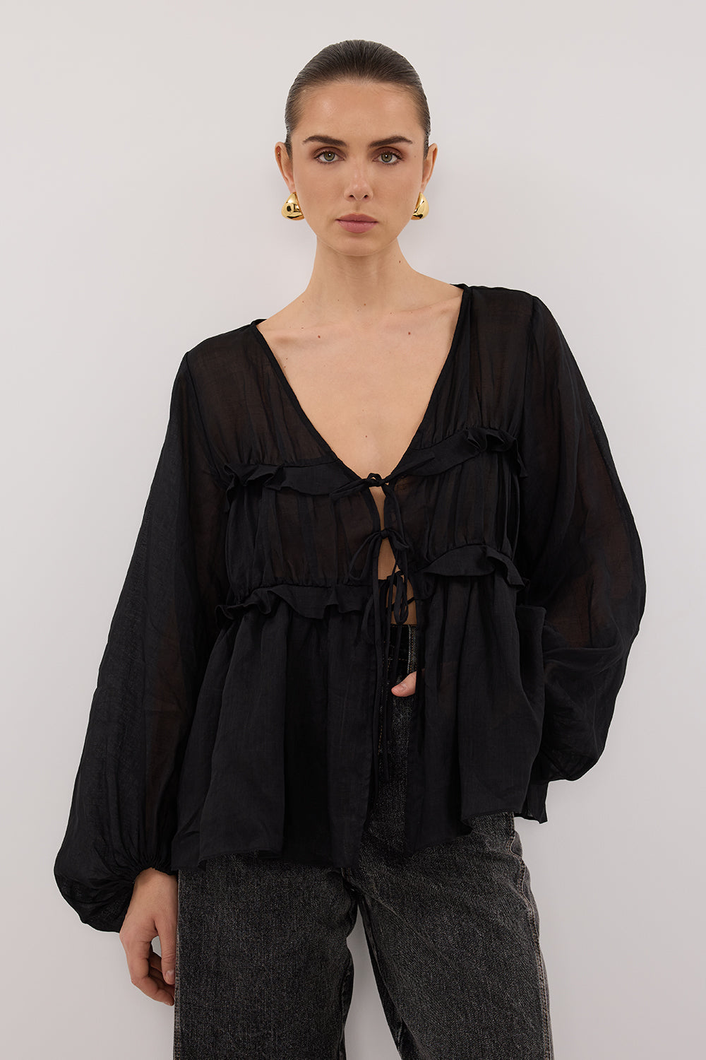 MILA BLACK RAMIE LONG SLEEVE FRILL TOP