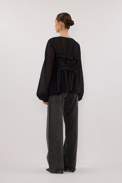 MILA BLACK RAMIE LONG SLEEVE FRILL TOP