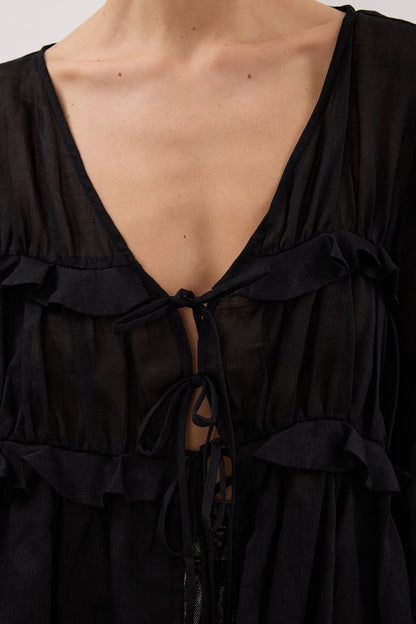 MILA BLACK RAMIE LONG SLEEVE FRILL TOP