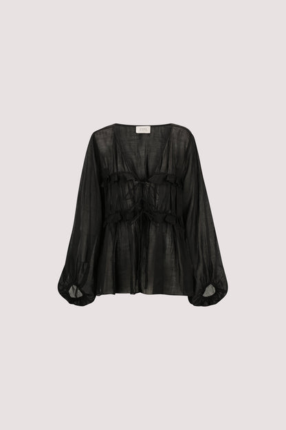 MILA BLACK RAMIE LONG SLEEVE FRILL TOP