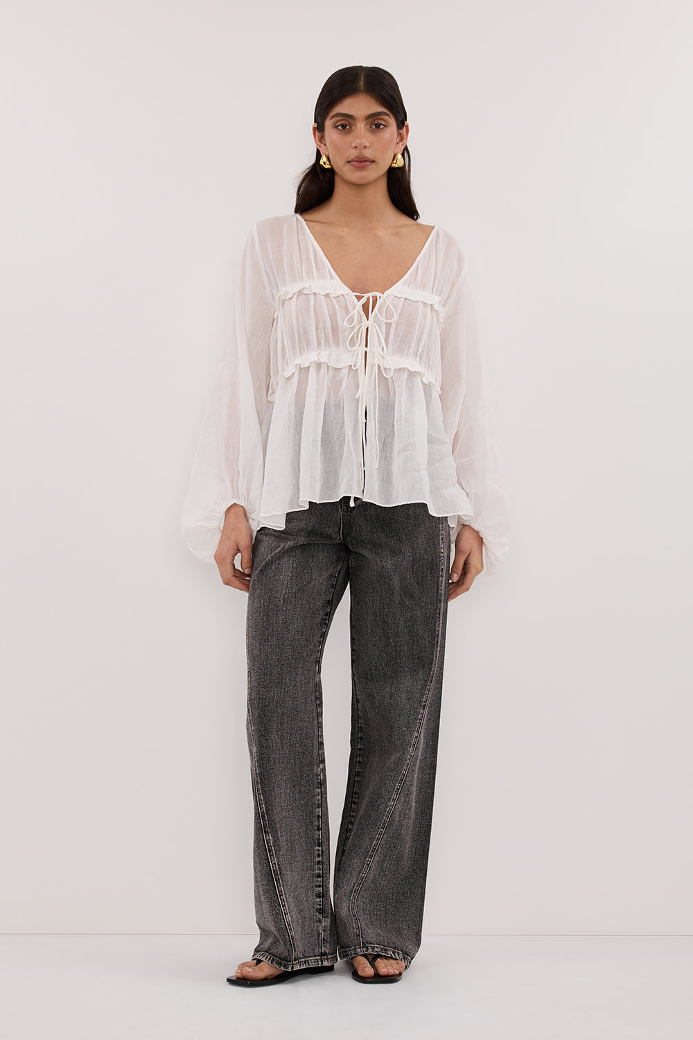 MILA WHITE RAMIE LONG SLEEVE FRILL TOP