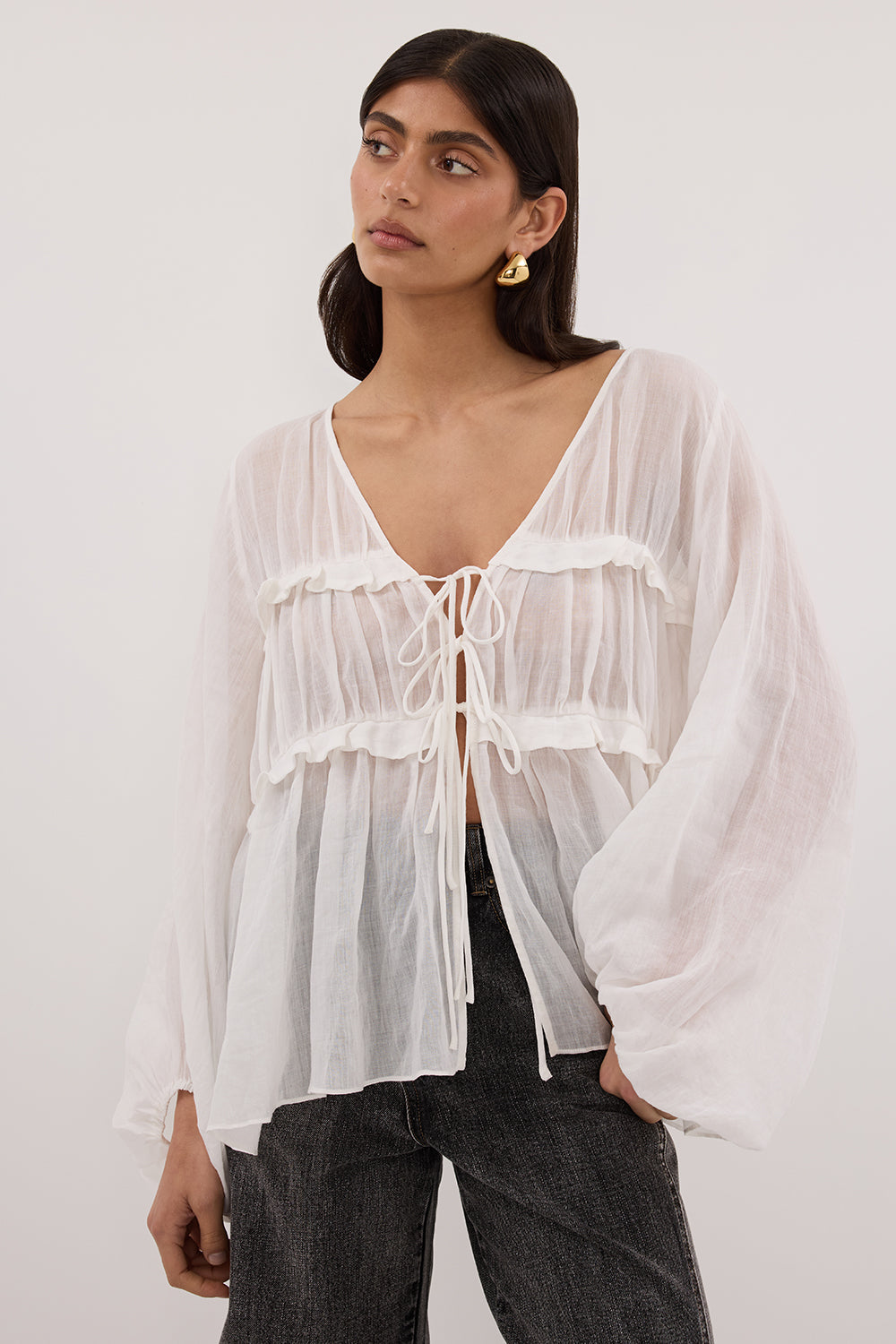 MILA WHITE RAMIE LONG SLEEVE FRILL TOP
