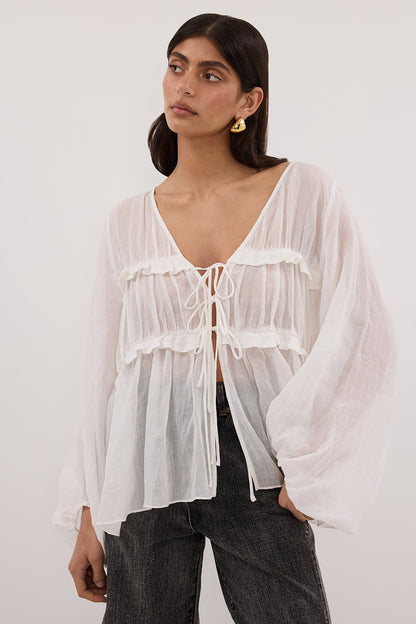 MILA WHITE RAMIE LONG SLEEVE FRILL TOP