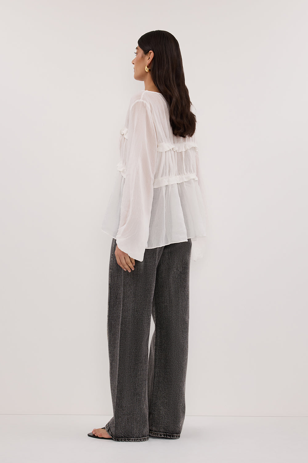 MILA WHITE RAMIE LONG SLEEVE FRILL TOP