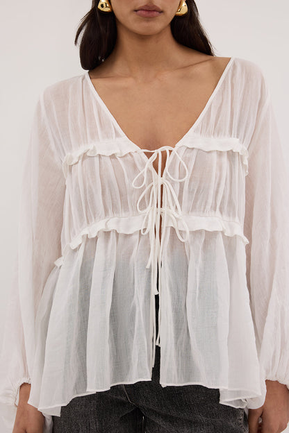 MILA WHITE RAMIE LONG SLEEVE FRILL TOP