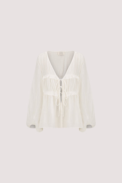 MILA WHITE RAMIE LONG SLEEVE FRILL TOP