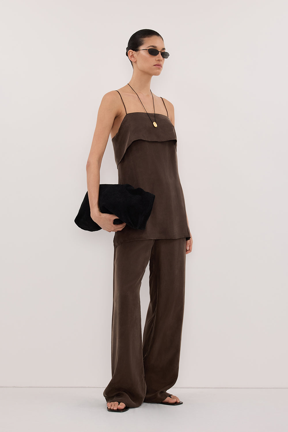 IDA BITTER CHOC SLEEVELESS FOLDOVER CAMI TOP